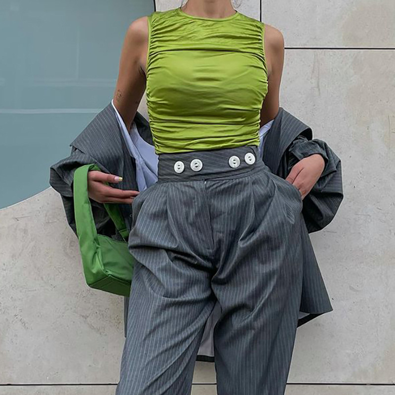 Solid Color Round Neck Pullover Sleeveless Smocked Slim Blouse