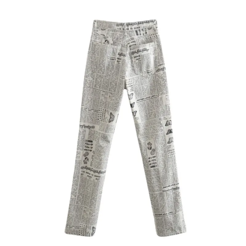 Woman Fashion Beige Print Straight Pants Patchwork Trousers - Beige