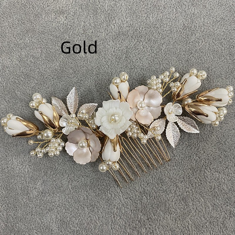 Gold Imitation Pearl Pastoral Ceramic Flower Headwear Hair Comb