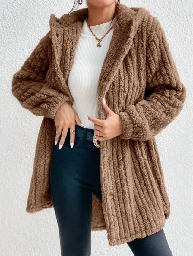 Button Front Hooded Teddy Coat Brown - Shop at LoveMi