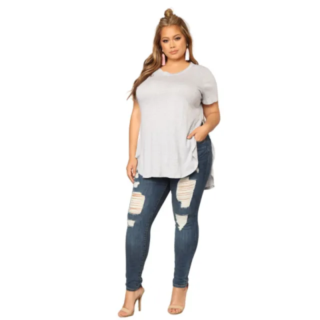 Women's Blouse With Short Sleeves Irregular Slits Slim Mid length Grey - Shop at LoveMi