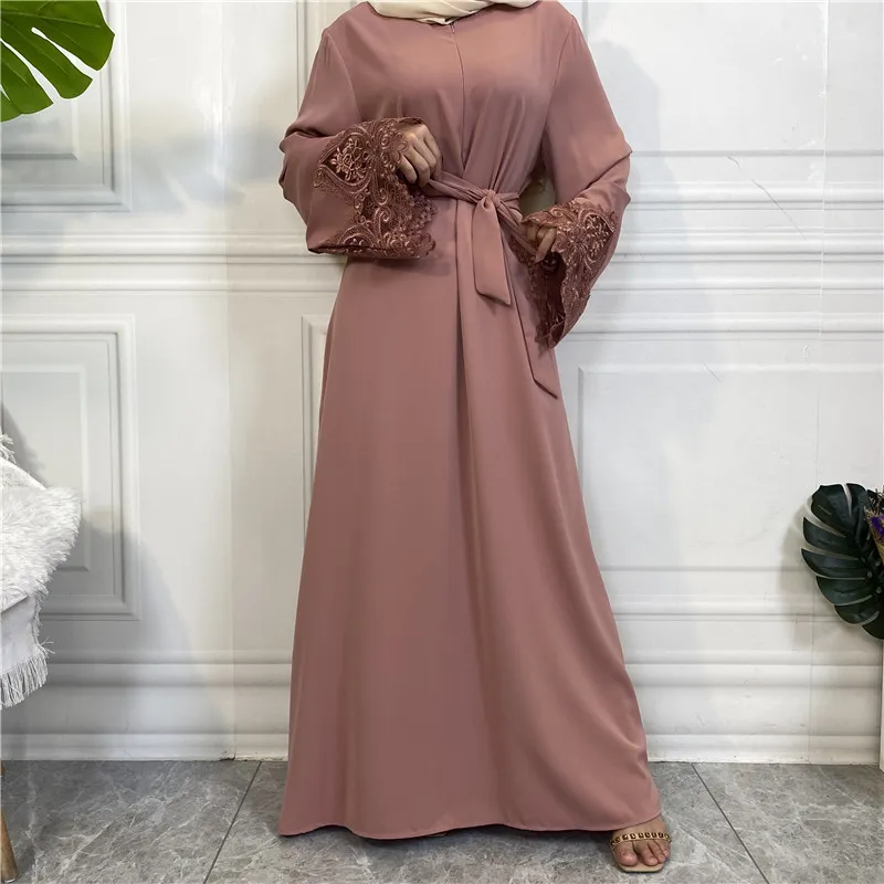 Women's Solid Color Long-sleeved Dress With Floral Lace Zipper - Pink