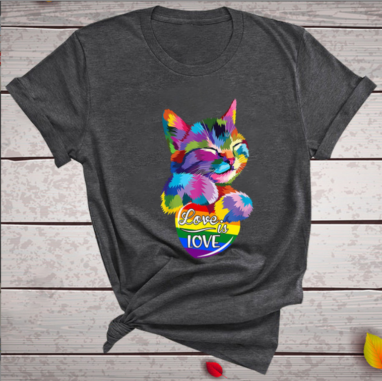 Title 8, Colorful Cat LOVE Letter Print Female T-shirt