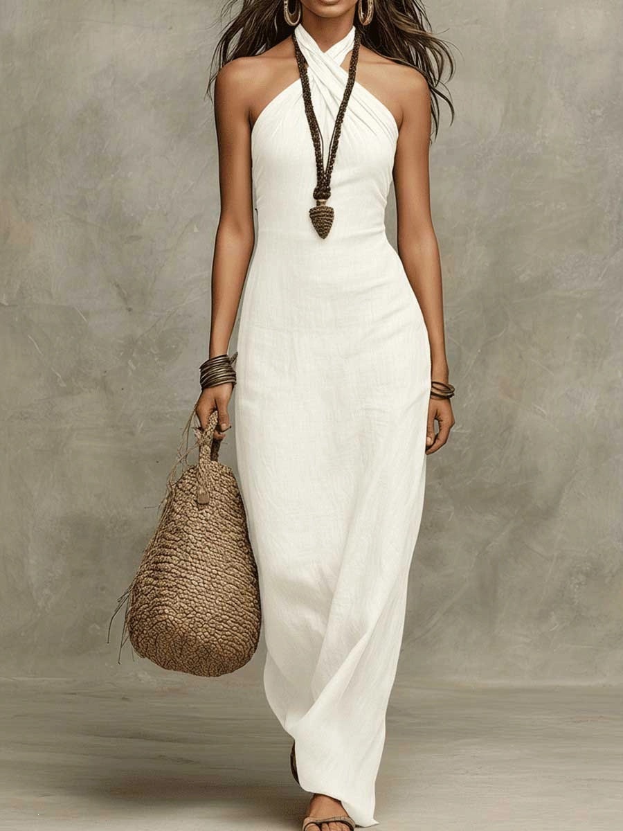 Halter Cross V-Neck Linen Bodycon Maxi