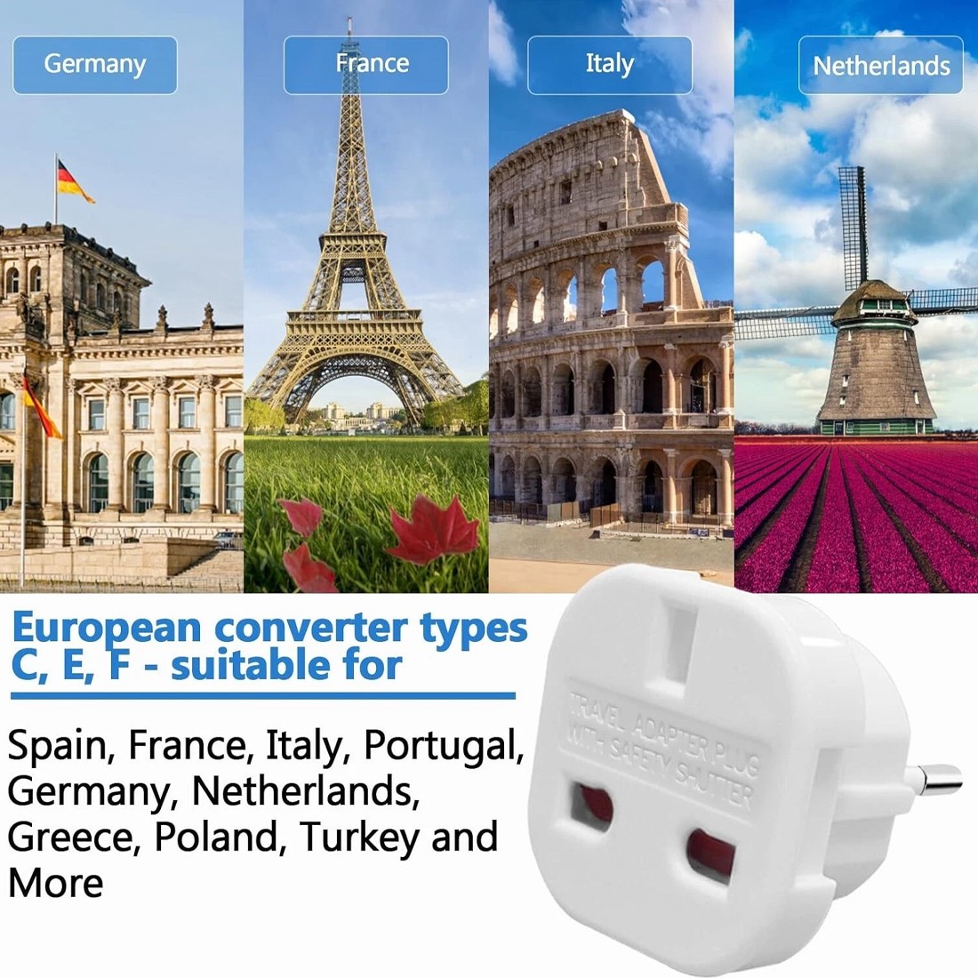 UK To EU Euro Europe European Travel Adaptor Plug 2 Pin Adapter---Black-10PCS — image 8