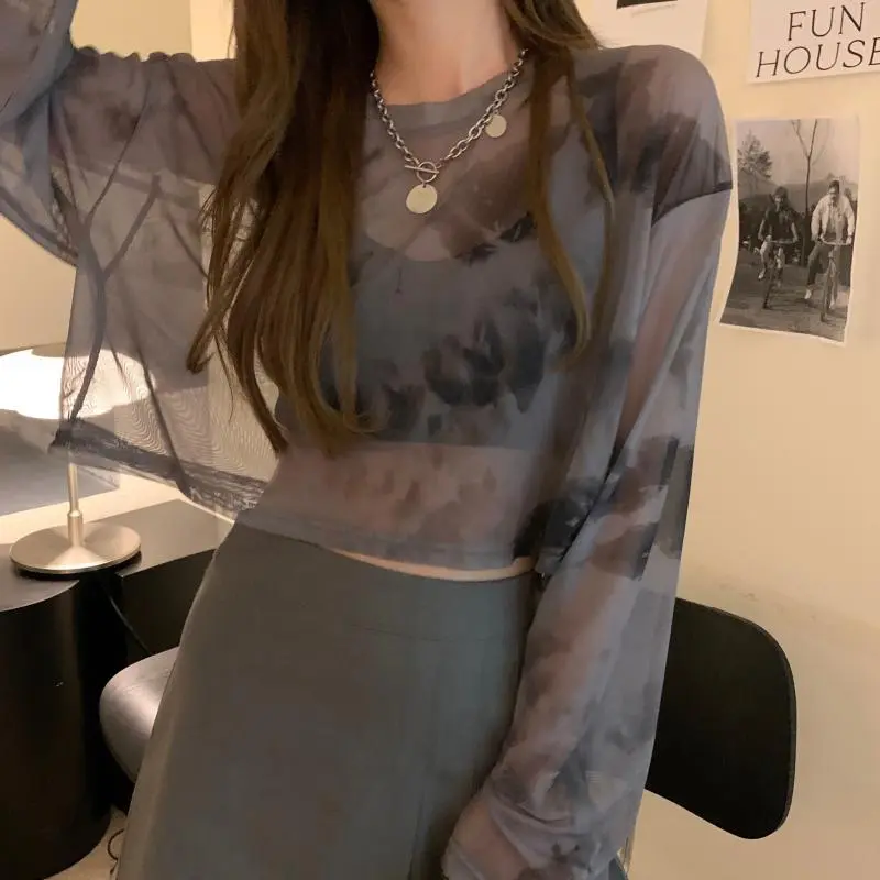 Long-sleeved Thin Short Air-conditioned Blouse With Mesh Top - Grey