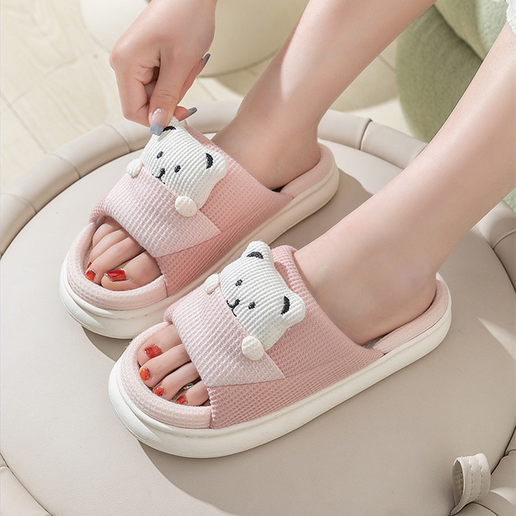 Cute Cartoon Bear Slippers Spring And Autumn Fashion Thick-soled  Mute Linen Slipper Women's House Shoes - Image 6