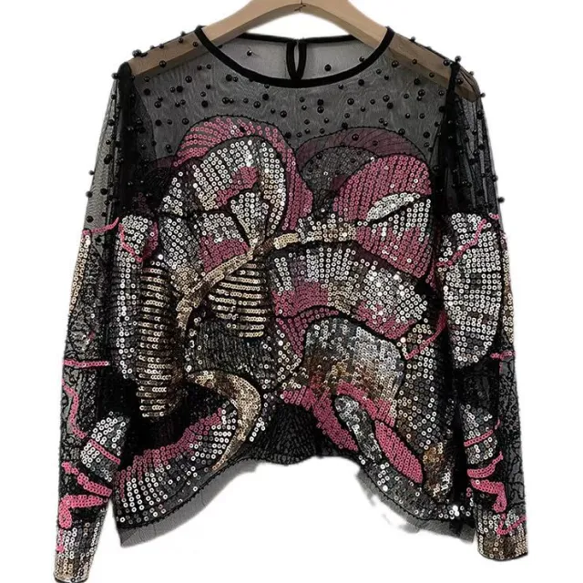 Light Luxury Beaded French Fashion Versatile Handmade Sequin Top Pink - Shop at LoveMi
