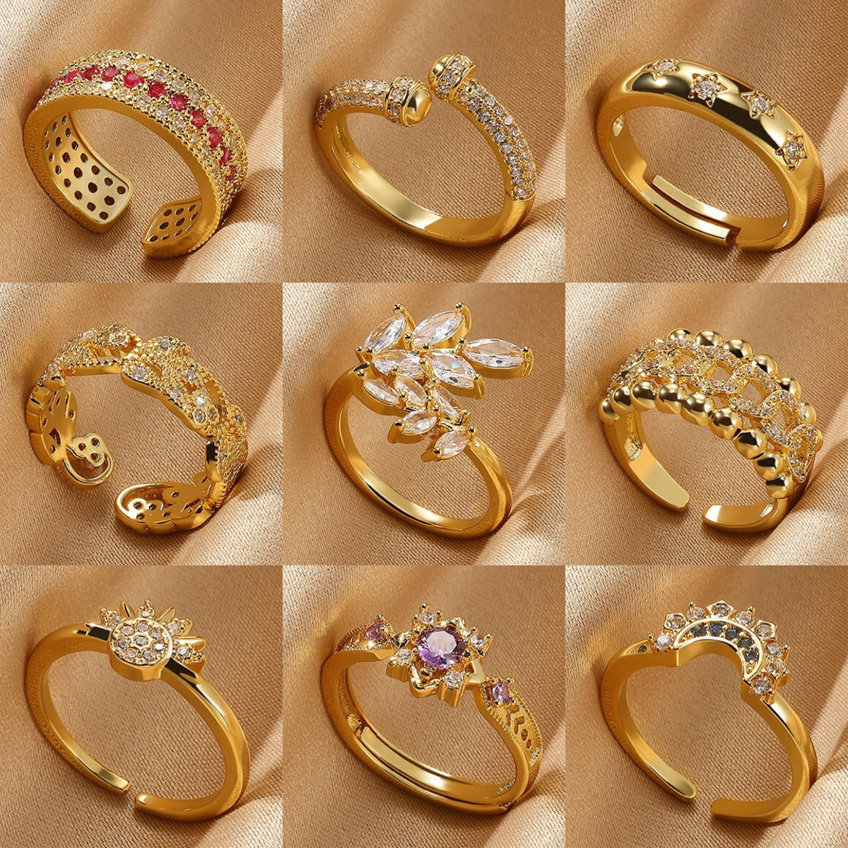 Copper Plated 18K Gold Color Zircon Ring, Luxury Minimalist INS Style Leaf Band Jewelry For Women