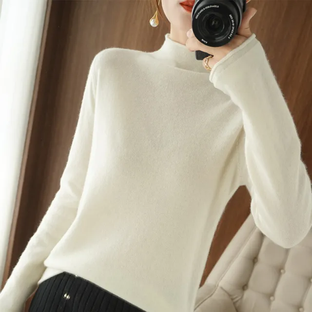 Loose Fashion Long sleeved Inner Collar Knitted Bottoming Shirt White - Shop at LoveMi
