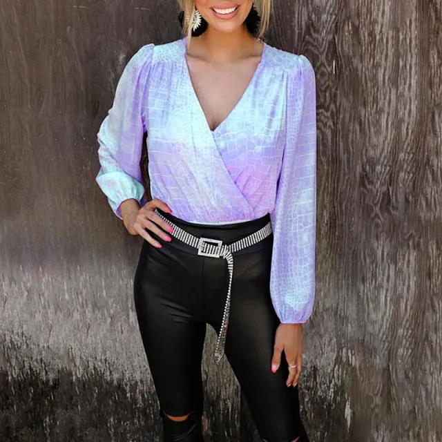 Fashion Printed Lantern Long Sleeve V neck Ladies Blouse Jumpsuit Light Purple - Shop at LoveMi