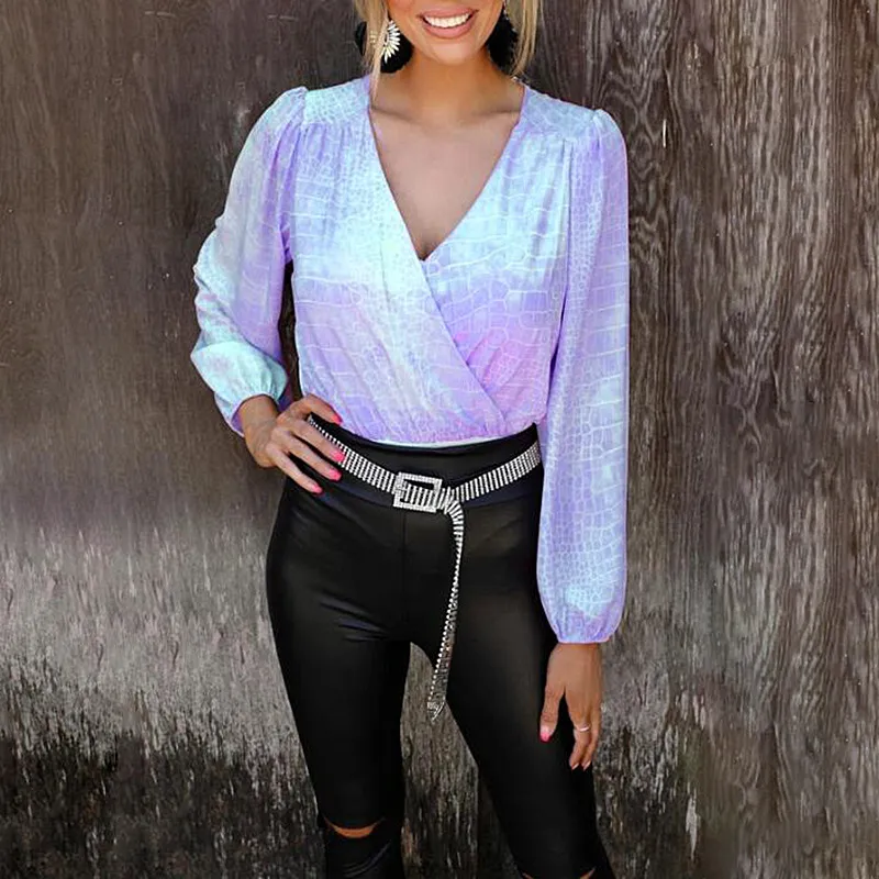 Fashion Printed Lantern Long Sleeve V-neck Ladies Blouse Jumpsuit - Light Purple