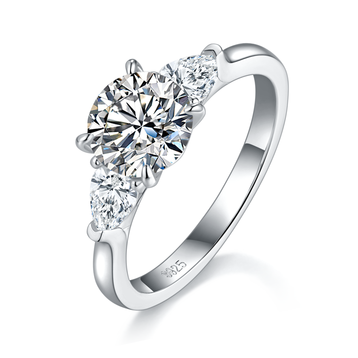2 Carat Round Moissanite Engagement Ring, 3-Stone S925 Silver Platinum Plated, D Color VVS1 With GRA Certificate, US Size 5-9.