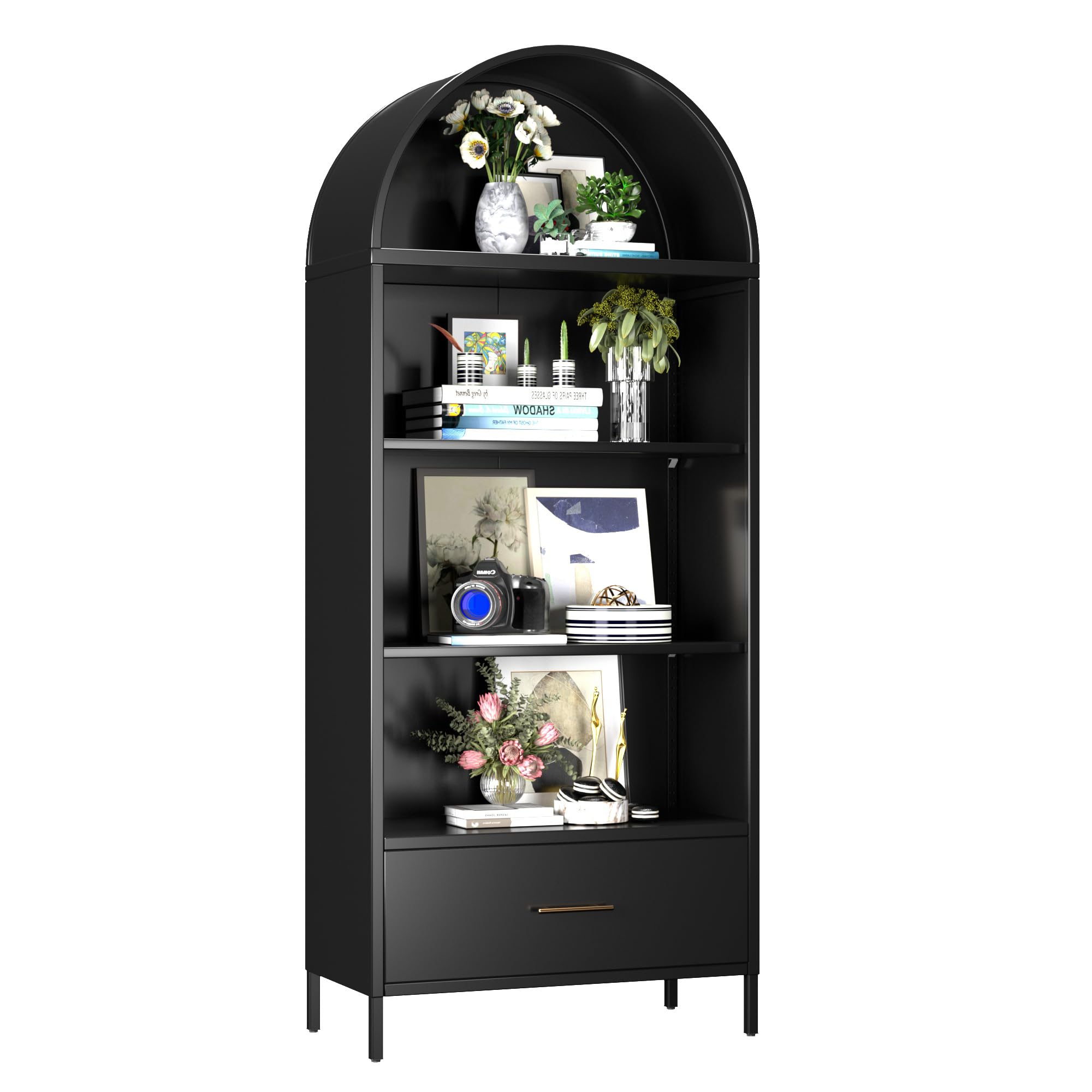 Metal Arched Bookcase Cabinet With 2 Adjustable Shelf, Black Arched Bookshelf With Drawer For Home Office Living Room,Required Assembly