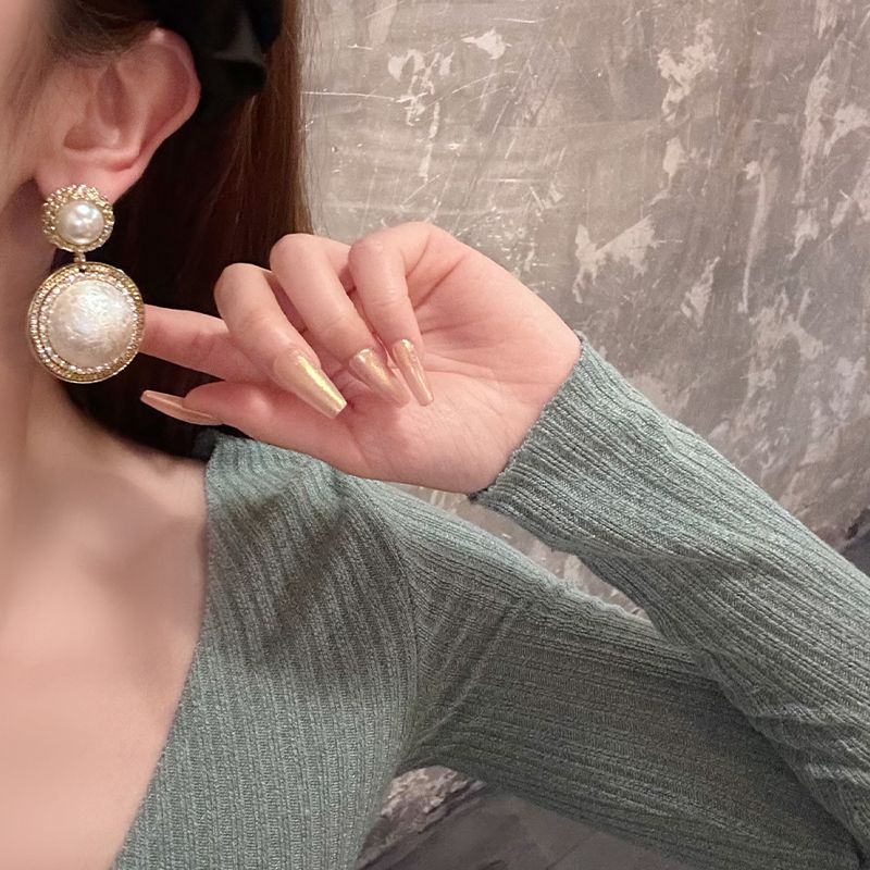 Korean Style Geometric Round Diamond-Studded Drop Earrings, Retro Cotton Pearl Earrings, Light Luxury Niche Premium Jewelry For Women