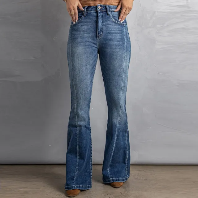 High rise Slim fit Washed Wide leg Jeans Dark Blue - Shop at LoveMi