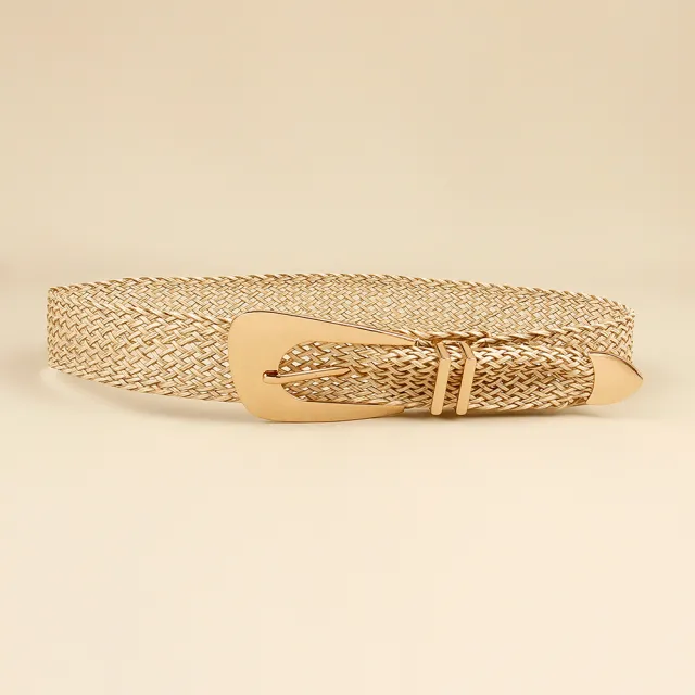 Summer New Ladies Belt PP Grass Gold Hand woven Belt with Irregular Metal Buckle Waist Seal Gold - Shop at LoveMi