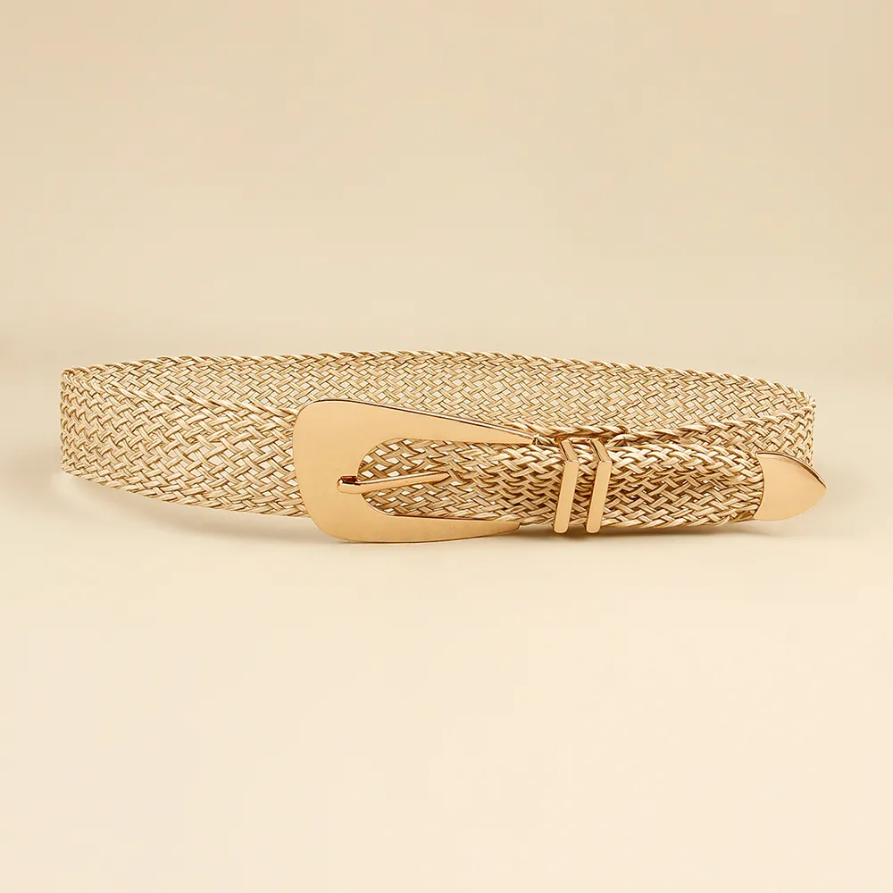 Summer New Ladies Belt PP Grass Gold Hand-woven Belt with Irregular Metal Buckle Waist Seal - Gold