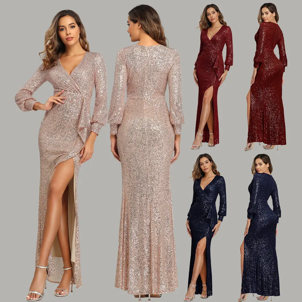Fantasy Celebrity Sexy High Slit Long Sleeve Sequined Banquet