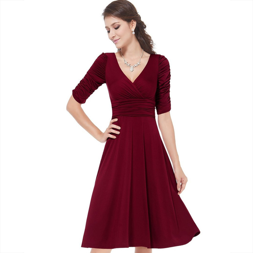 V-Neck Five-Point Sleeves Solid Color Large Skirt Dress