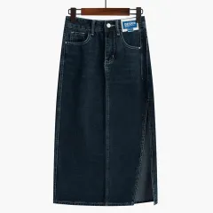 Women's Fashionable Denim Skirt With A Line High Waist - Blue Grey Long - View 1
