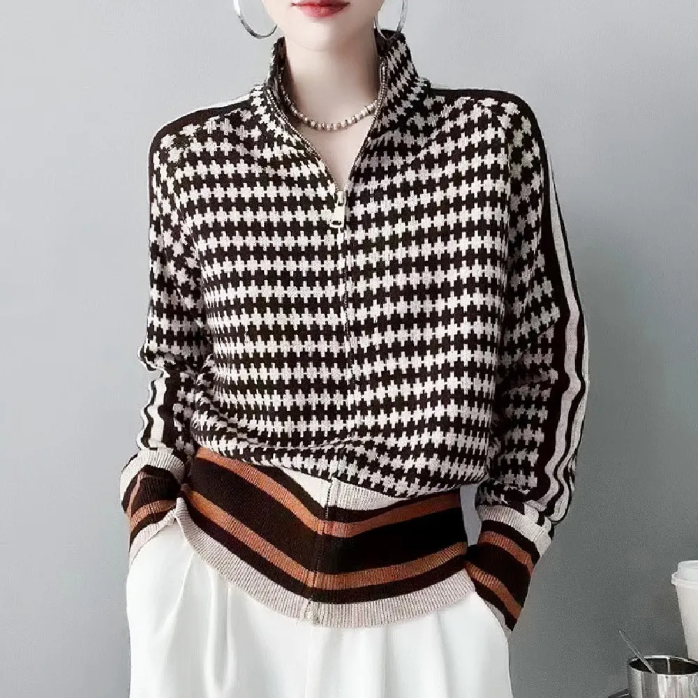 Fashion Plaid Sweater Sweater Coat - Coffee
