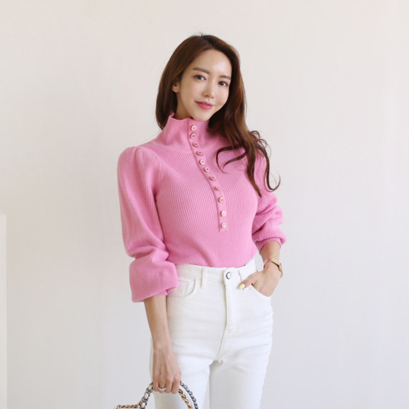 High-neck Bottoming Shirt Single-breasted Long-sleeved Knitted Top