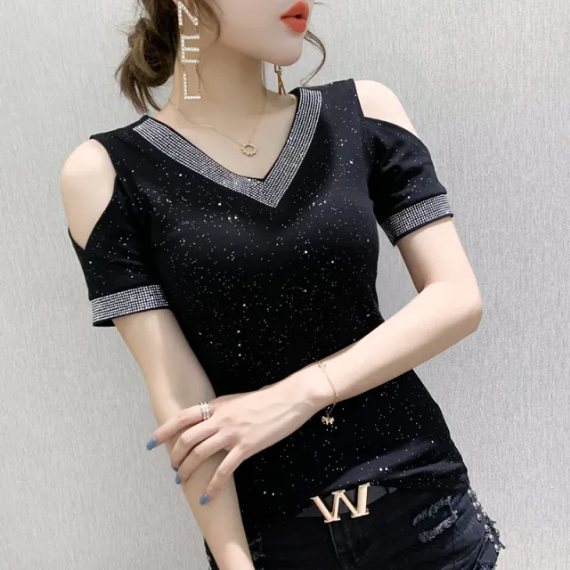 T shirt sexy off shoulder shiny v neck diamond Black - Shop at LoveMi