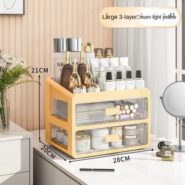Desktop Transparent Drawer Cosmetic Storage Box Light Yellow Large 3Layers - Shop at LoveMi
