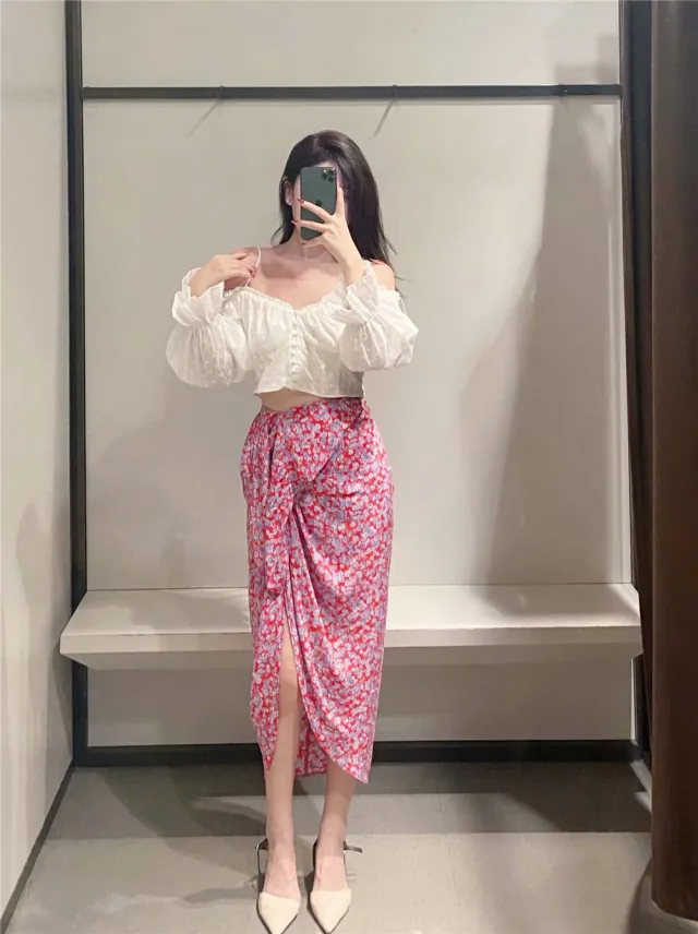 Women's Fashion Versatile High Waist Slit Flower Print Skirt Pink - Shop at LoveMi