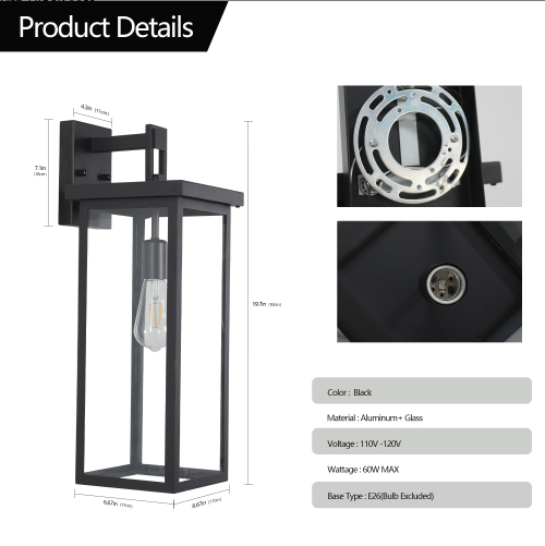 20″ Modern Outdoor Wall Lanterns – Black Metal & Clear Glass (Set of 2) - Image 1