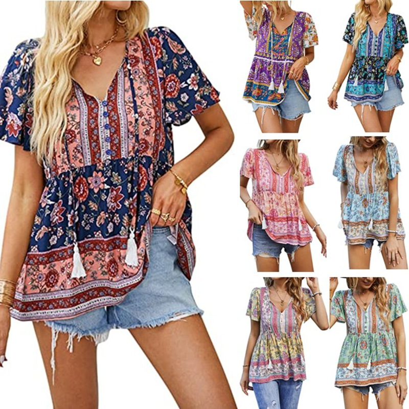 Title 4, V Neck Short Sleeve Shirt Loose Drawstring Top ...