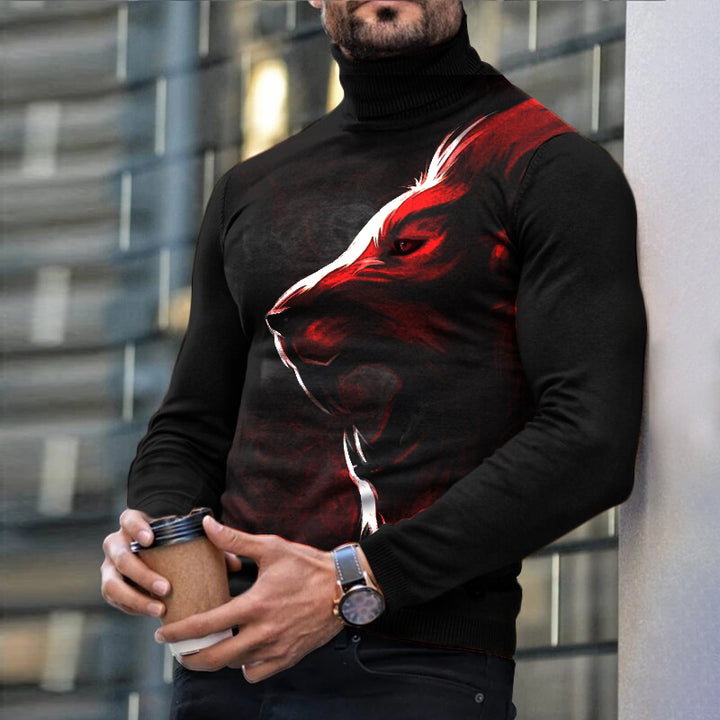 Autumn Winter Men's Long Sleeve Turtleneck T Shirt Printed Casual Top