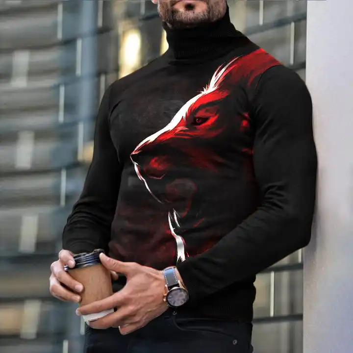 Autumn Winter Men's Long Sleeve Turtleneck T Shirt Printed Casual Top