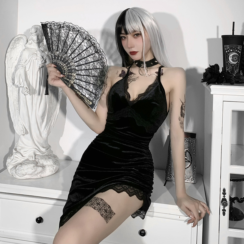 Cross Strap Lace Stitching Sexy Deep V Dress