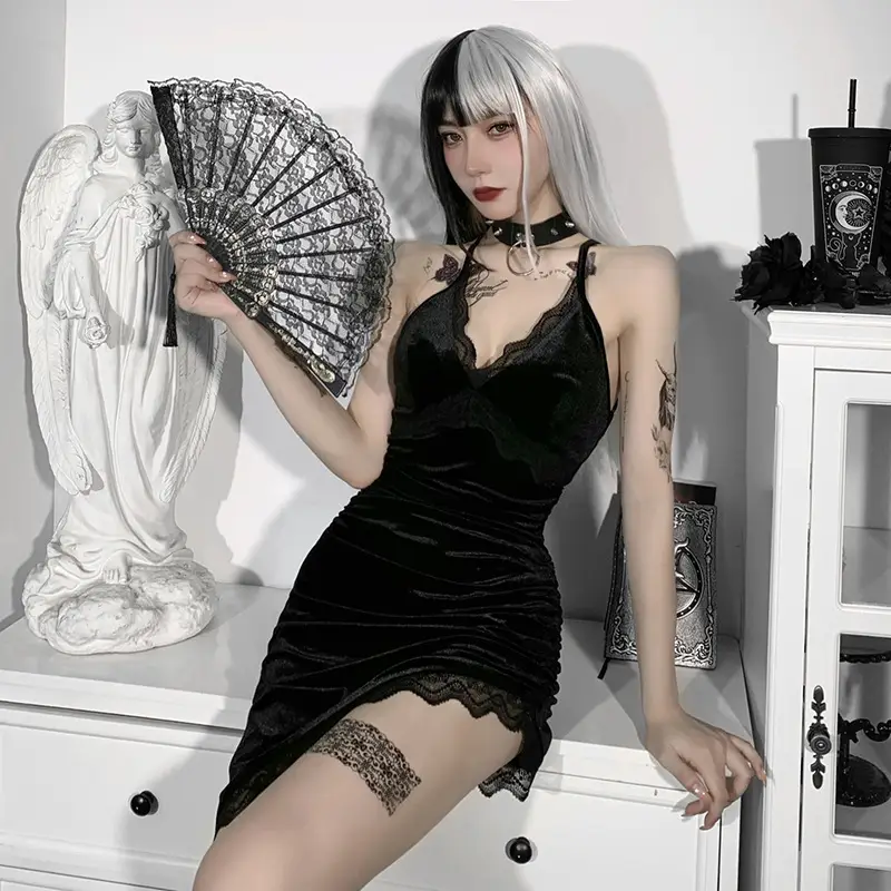 Cross Strap Lace Stitching Sexy Deep V Dress