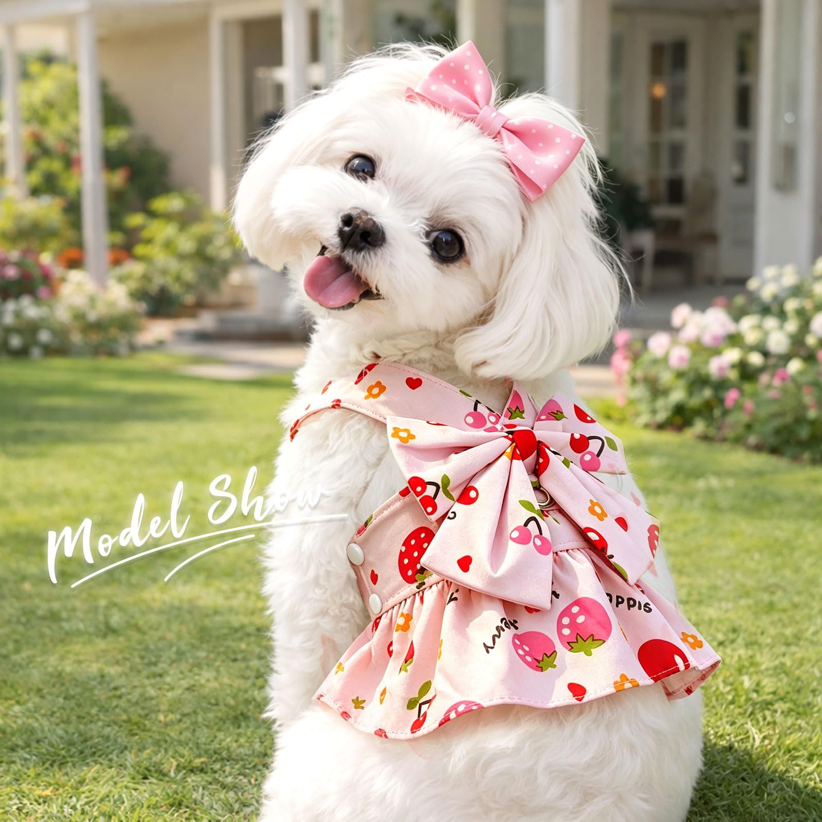 2Pack Small Dog Harness Dress For Girl Puppy Cat Dress With Flower Pattern Bow Adjustable Breathable Lining Back D-Ring Cute Outfits For Small Puppy, Cat Dresses For Cats Only Or Dog Girl Clothes