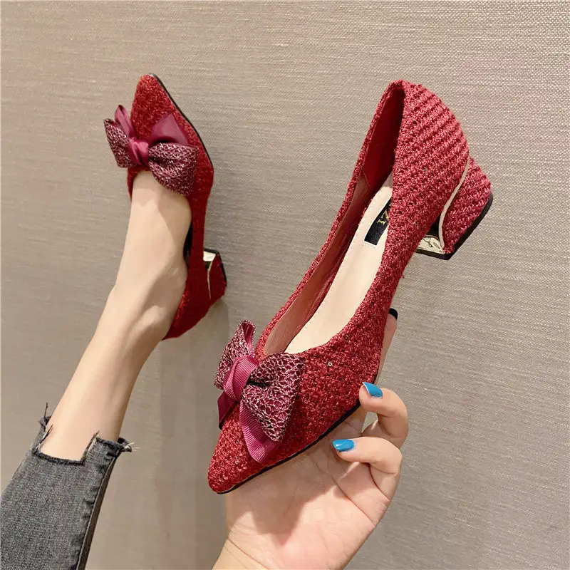 Woven Shoes Casual Mid-low-heeled Shallow Pointy Soft Sole