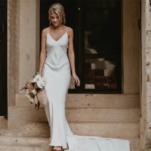 Little White Evening Gown with Train Brigade Shot Long
