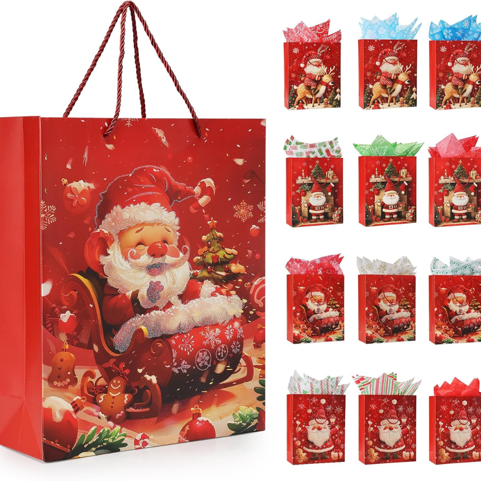 12 Christmas Gift Bags With 12 Tissues And 1 Satin Ribbon Medium