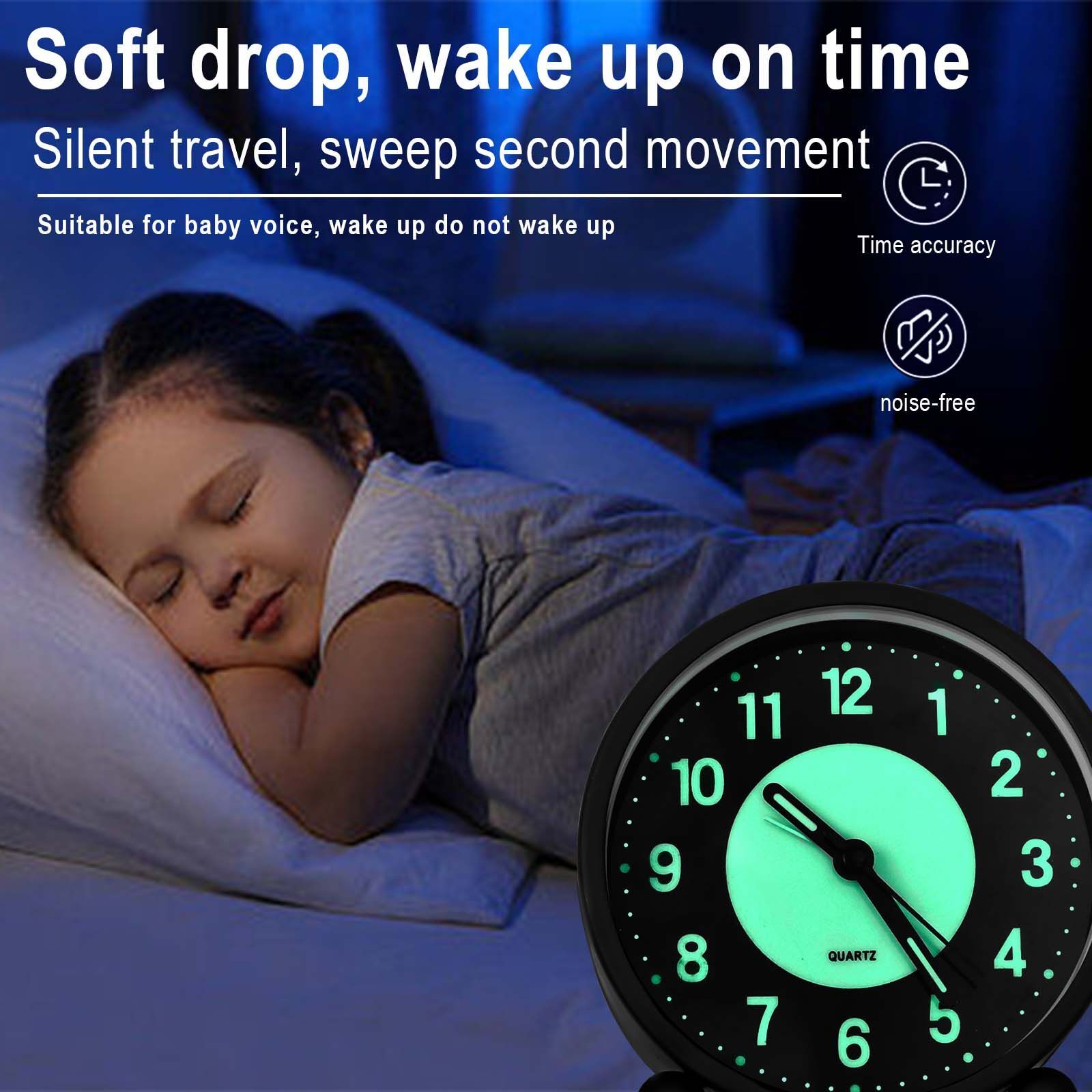Black Silent Bedside Alarm Clock Non Ticking Glow-in-the-Dark Bedroom — image 4