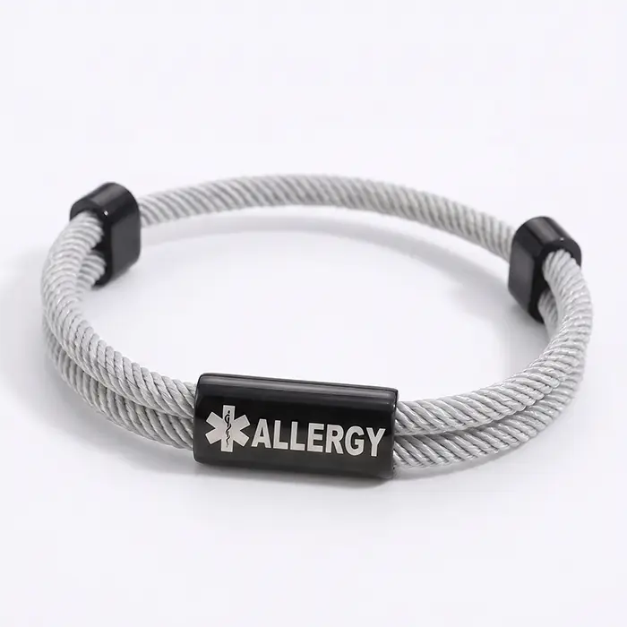 Allergy Medical Alert Rope Bracelet For Men Women, Multi Color Braided Cord With Engravable Stainless Steel Tag, Adjustable Sliding Clasp, Emergency Warning Dai