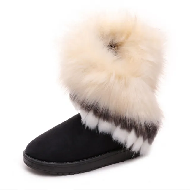 Winter Snow Boots Thick Fluffy Fox Fur Waterproof Non slip Warm Cotton Black - Shop at LoveMi