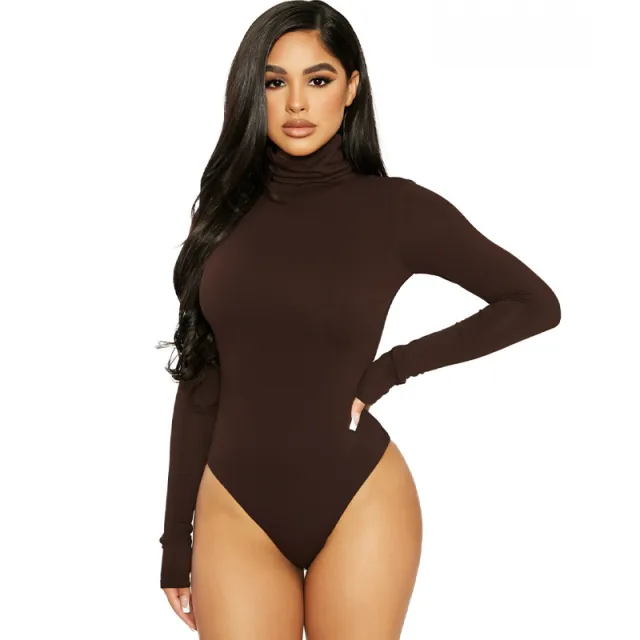 Skinny Solid Color Sexy Slim Ladies Bodysuit Brown - Shop at LoveMi