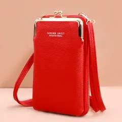 Mobile Phone Bag With Lock Design Korean Style Fashion Lychee Pattern Crossbody Bags For Women - Red - View 1