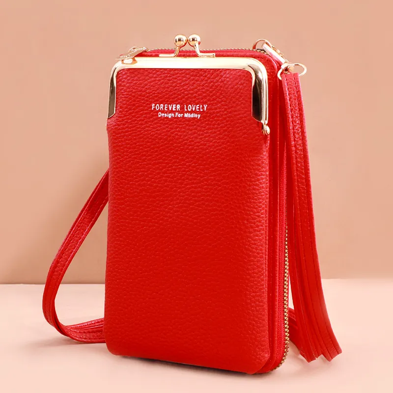 Mobile Phone Bag With Lock Design Korean Style Fashion Lychee Pattern Crossbody Bags For Women - Red