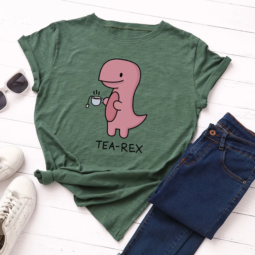 Women's Tea Drinking Dinosaur Loose Round Neck Short-sleeved Cotton T-shirt Women - Green