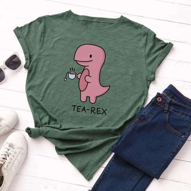 Women's Tea Drinking Dinosaur Loose Round Neck Short sleeved Cotton T shirt Women Green - Shop at LoveMi