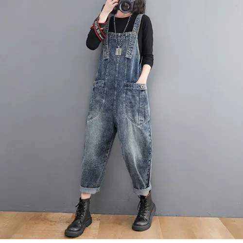 Women's Literary And Artistic Denim Overalls Retro Plus Size Loose Dark Blue - Shop at LoveMi
