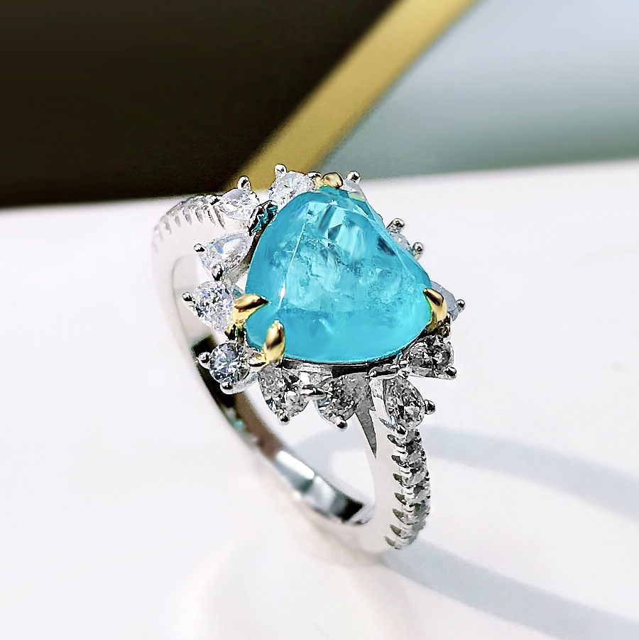 European And American Paraiba Heart-shaped Ring Women
